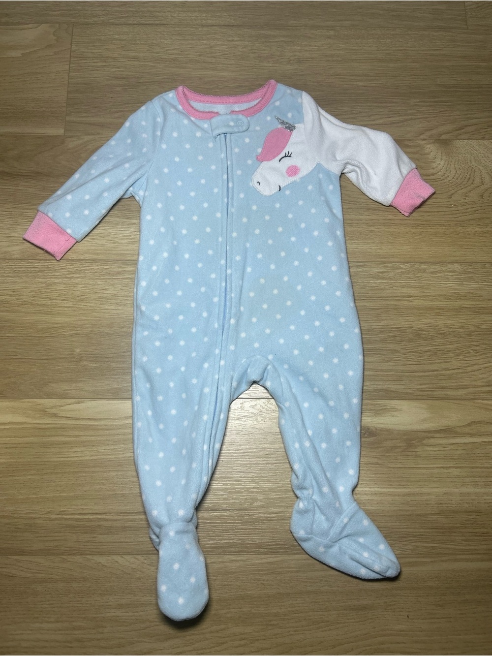 Carter's Light Blue Polka Dot Unicorn Footed One-Piece with Pink Trim
